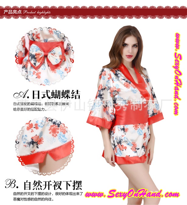 ชุดกิโมโน ยูกาตะ พื้นขาวแต่งลายดอกสีแดง พร้อมสายคาดและโบว์ในตัว+G-string เข้าชุด