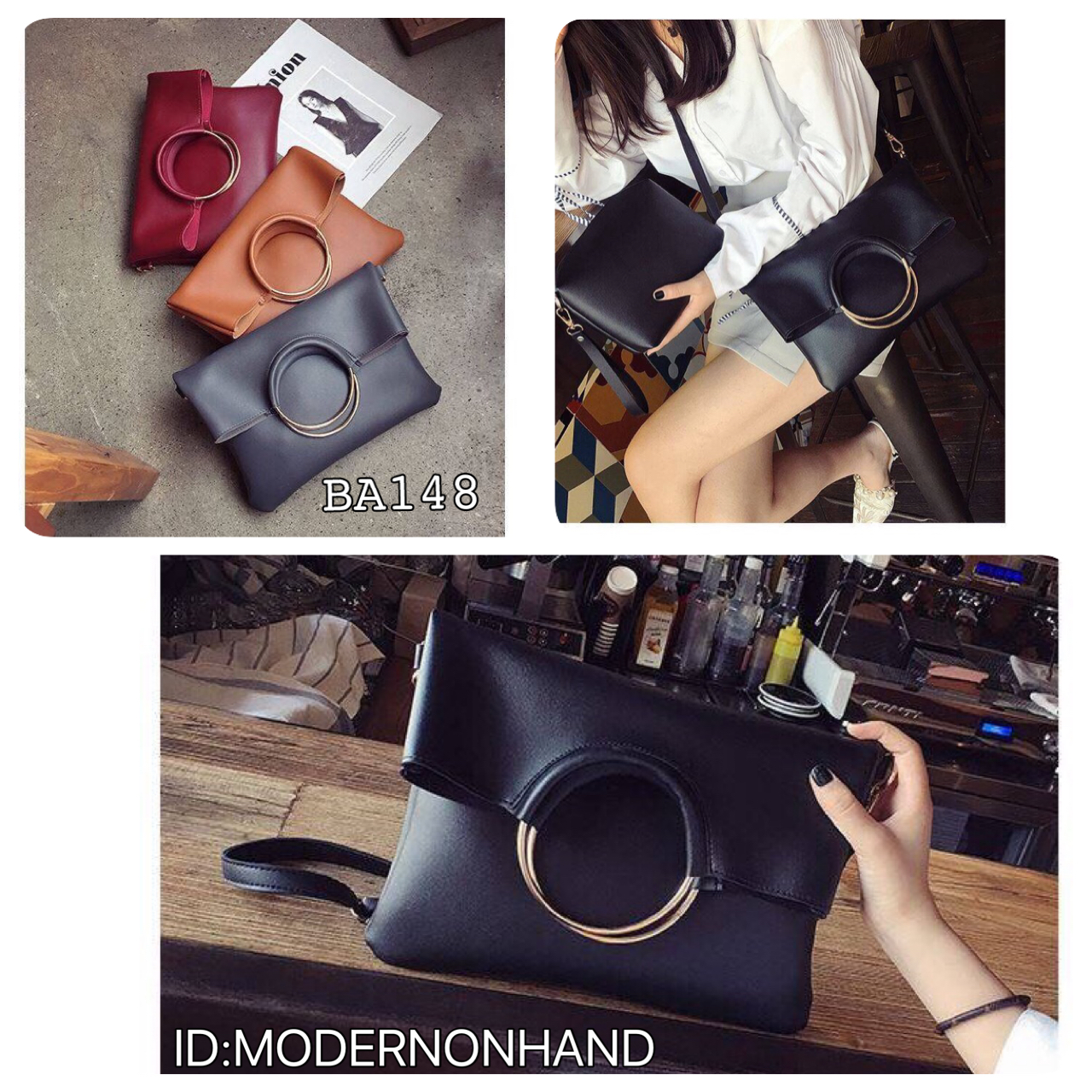 กระเป๋าสะพายข้างสีน้ำตาล กระเป๋าคลัชมือ แต่งห่วงทอง สวย แนว เท่ห์ๆคะ+กระเป๋าเล็ก ไซส์ลูก ด้านใน 2ชิ้น สุดคุ้ม สวยเก๋ มากคะ Size:ยาว29xสูง32xหนา4cm