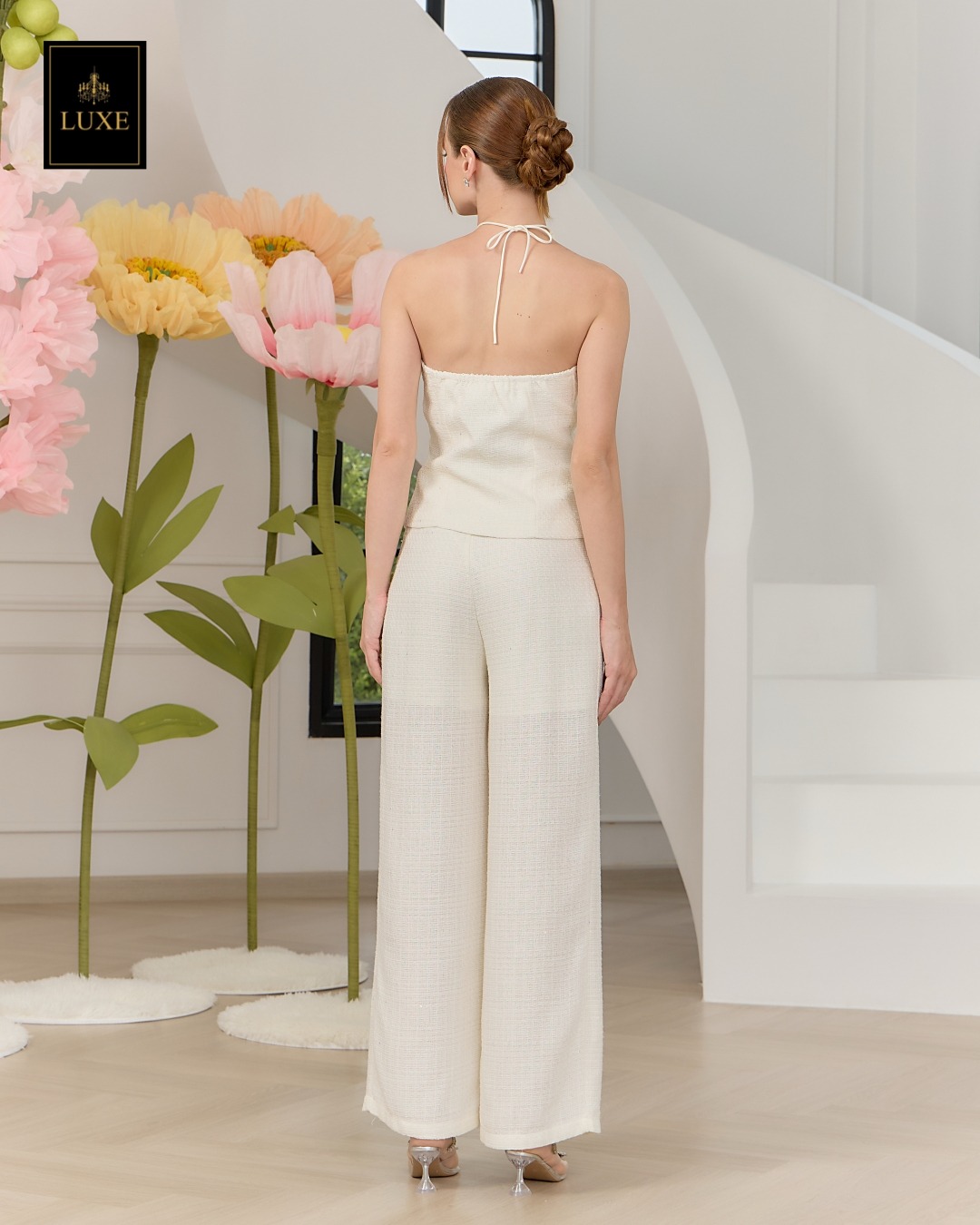 ชุดเซทแฟชั่น เซ็ตเสื้อเกาะอกทรงหลวม+กางเกงเอวสูงขากระบอกกว้าง