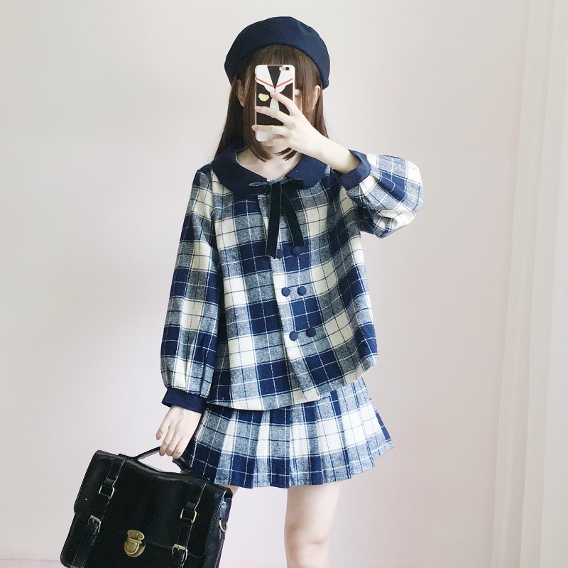 ชุดเสื้อคลุมกันหนาว +กระโปรงลายสก๊อตสไตล์นักเรียนญี่ปุ่น