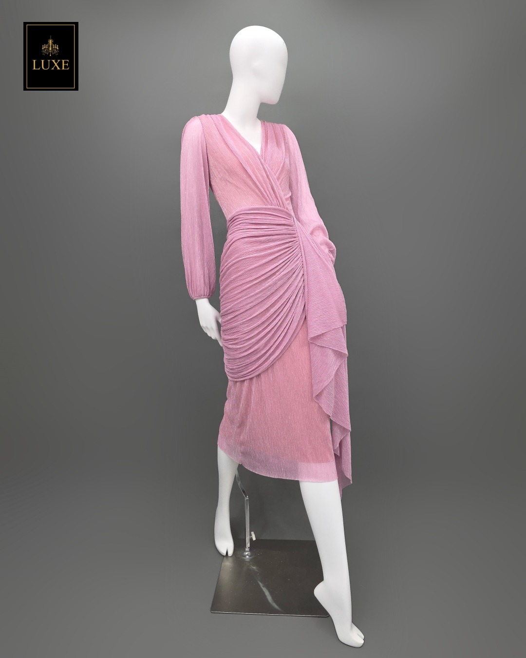 เดรสแฟชั่น เดรสเสื้อคอวีป้าย แขนยาว กระโปรงป้ายจับเดรป แต่งชายระบาย