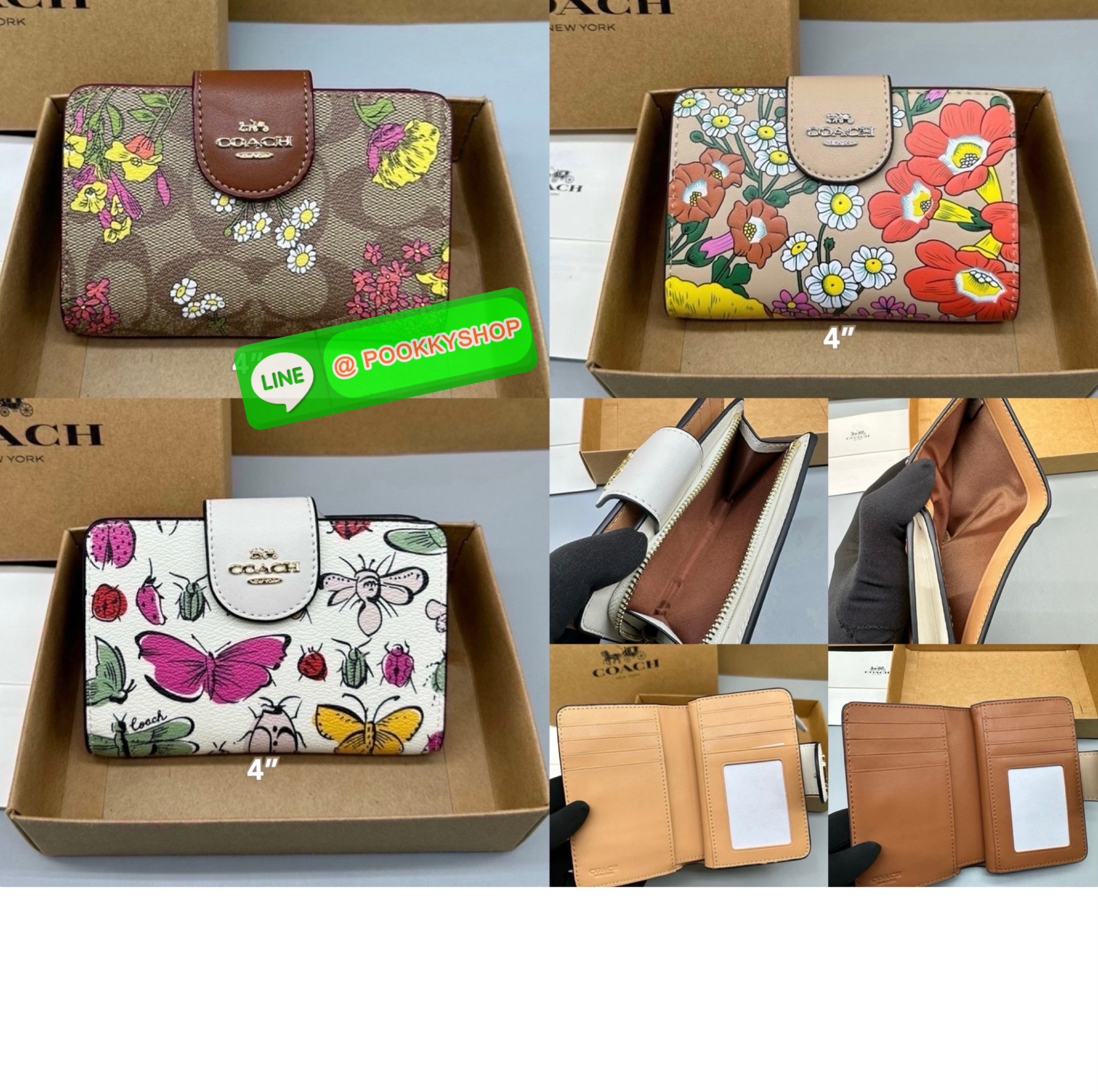 Coach Billfold Wallet With Floral Print Polished pebble leather Eight credit card slots Full-length bill compartment Snap closure Outside zip coin pocket