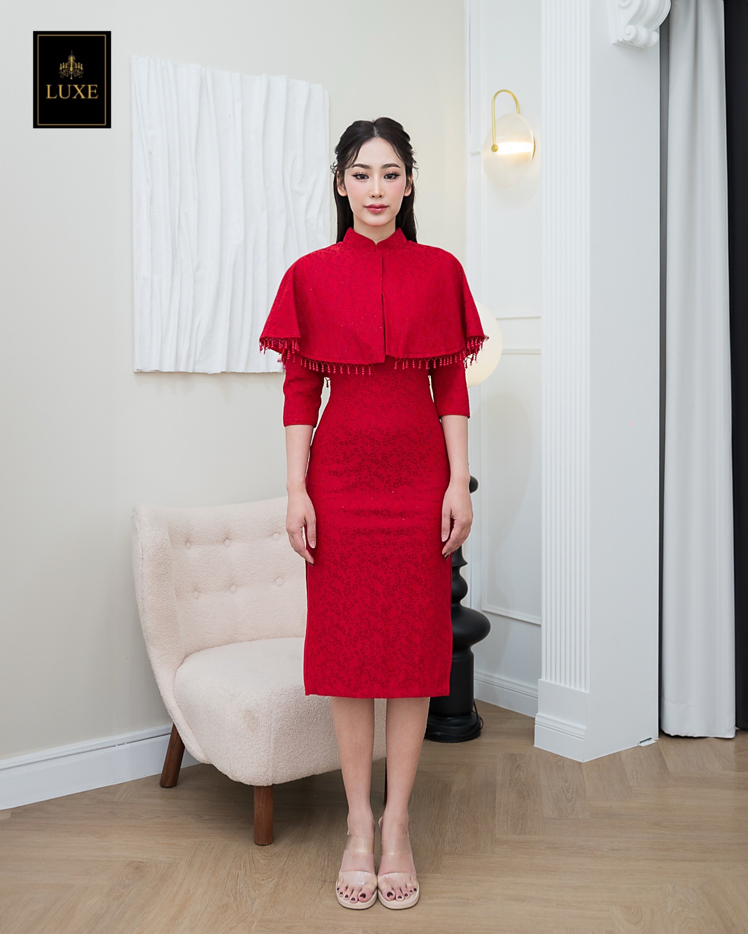 เดรสแฟชั่น เดรสกี่เพ้าเสื้อแขน 3 ส่วน มีเสื้อคลุมที่สามารถถอดได้