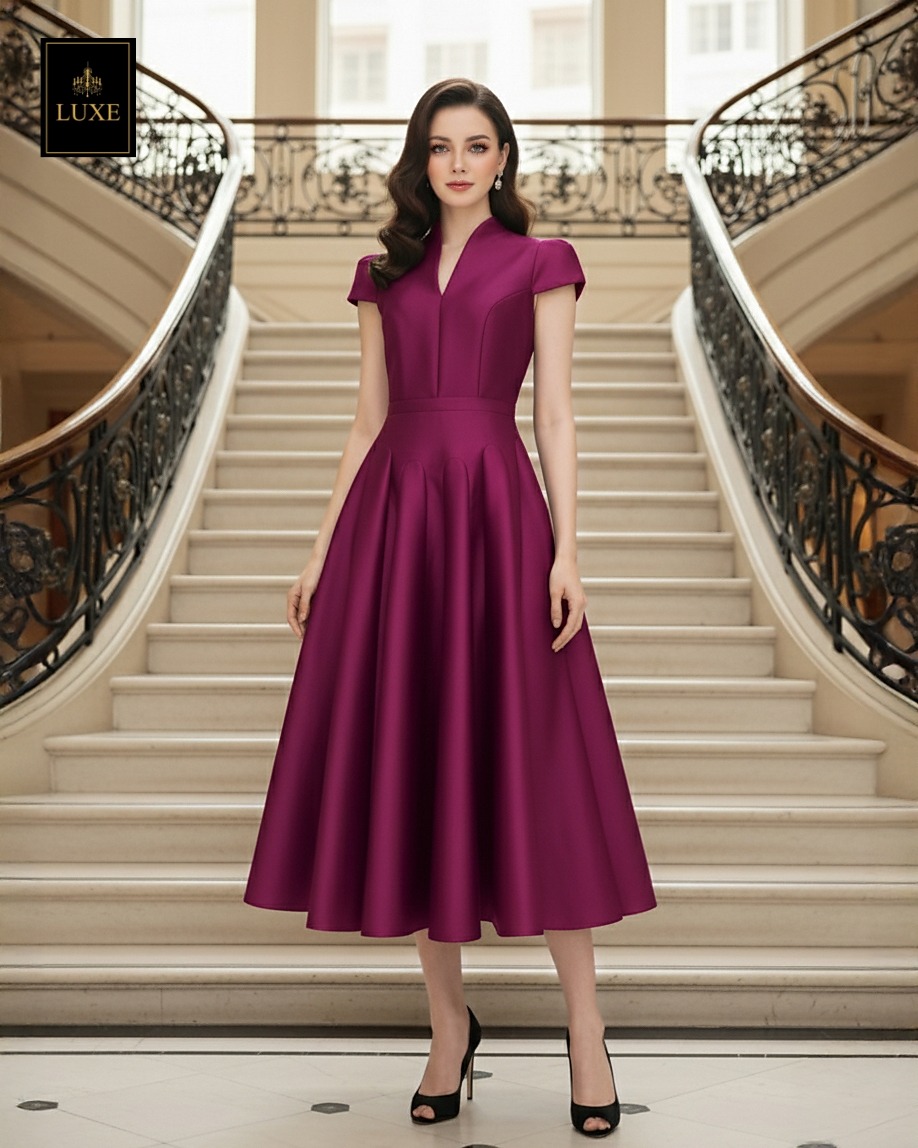 เดรสแฟชั่น เดรสเสื้อคอตั้ง แขนสั้น กระโปรงบาน