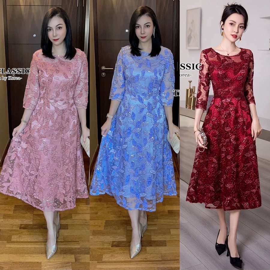 เดรสแฟชั่น เดรสยาวออกงานปักเลื่อม ใช้ผ้าเนื้อดีปักลวดลายใบไม้