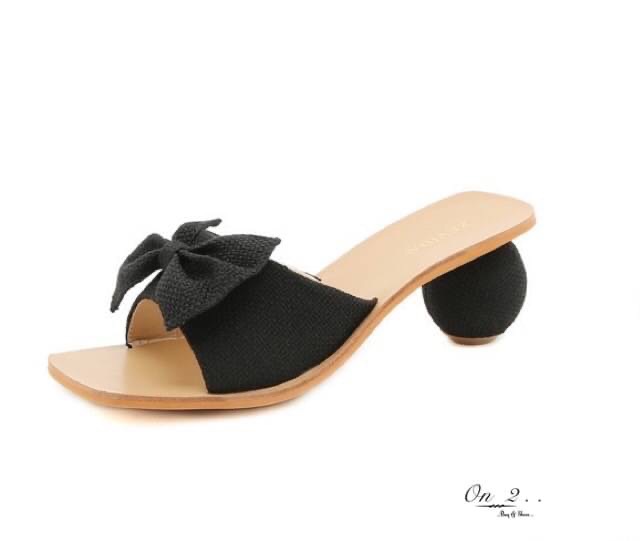 รองเท้าส้นสูง ส้นกลมผ้ากระสอบประดับโบพื้นคิว งานสวยน่ารักมากค่ะ -Premium Quality- วัสดุเกรดดี การันตีคุณภาพค่ะ