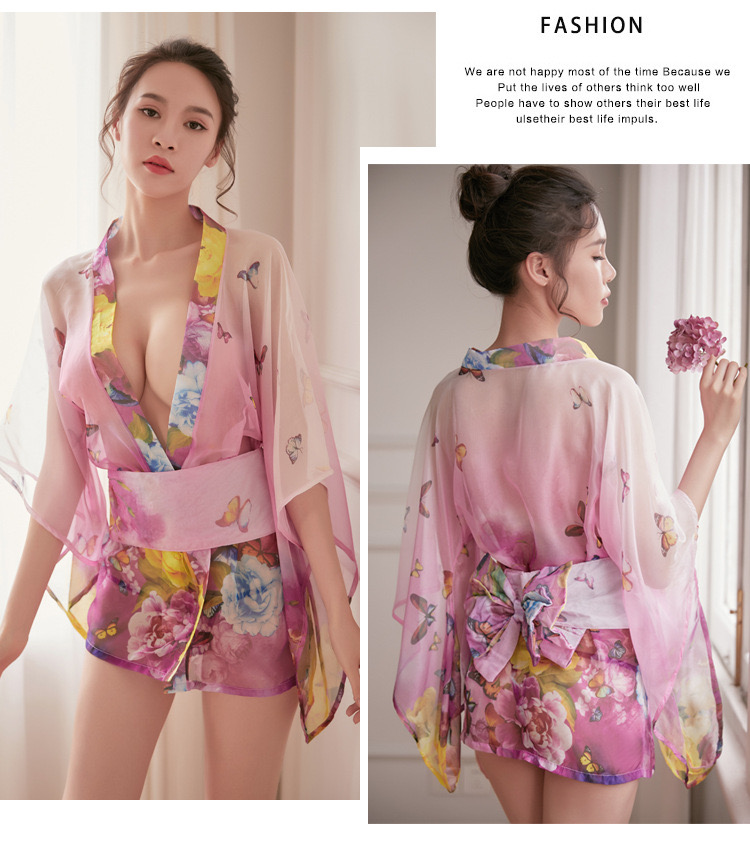 ชุดกิโมโน ซากุระ ซีทรู สีชมพู แต่งสายคาด โบว์สำเร็จรูป สำเนา