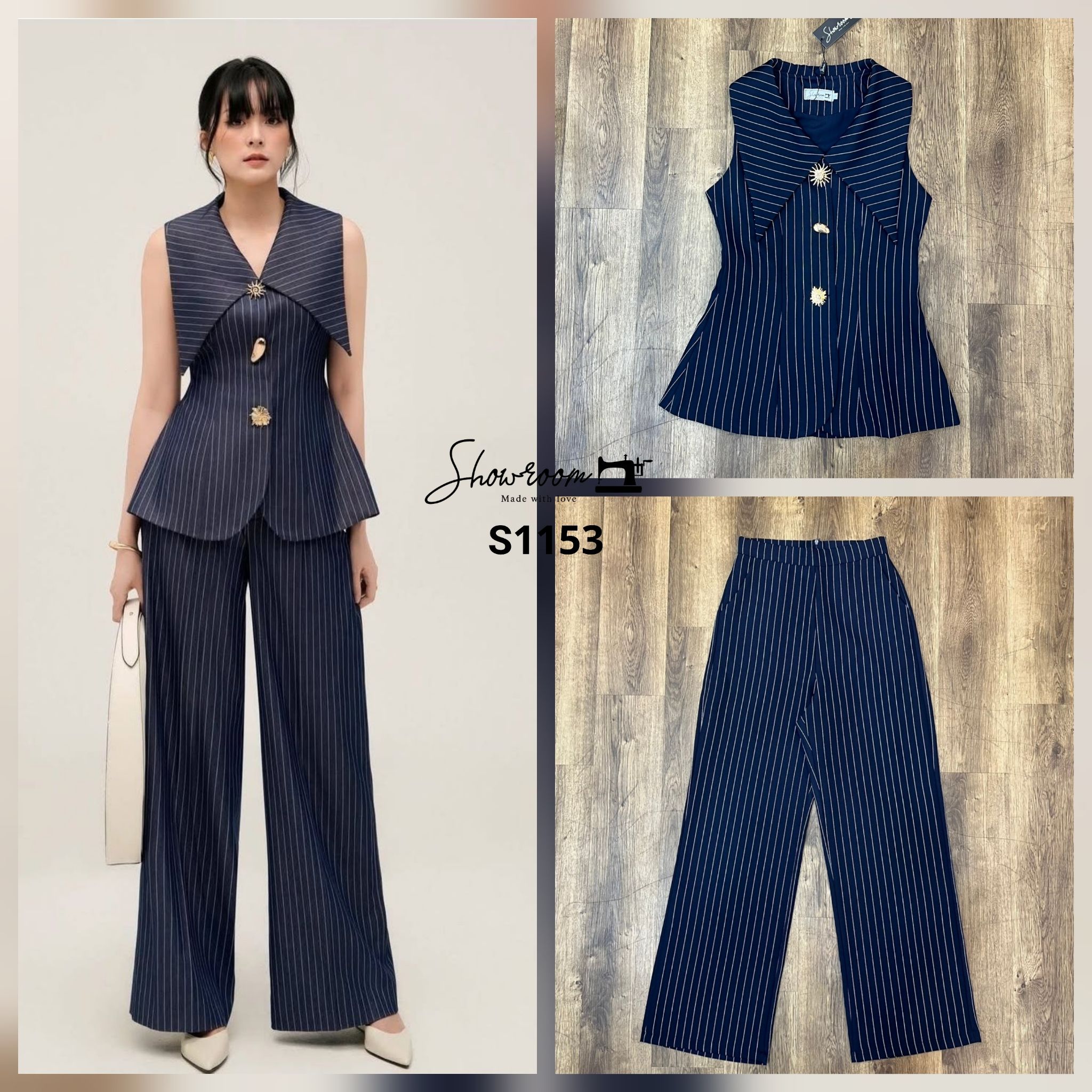ชุดเซทแฟชั่น Stripe navy set ที่โดดเด่นด้วยการเลือกกระดุมโลหะสีทองดีไซน์แจ่ละเม็ดไม่ซ้ำกัน