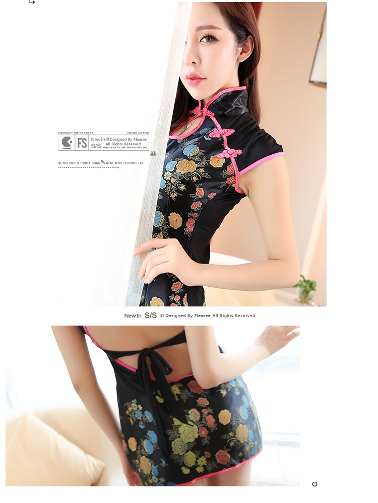 ชุดกี่เพ้าเซ็กซี่ ชุดจีนประยุกต์ กี่เพ้าสั้น สาวหมวยอินเตอร์ สีพื้นดำลายดอกเหมยหลากสี แต่งขอบชุดสีชมพู เนื้อผ้าหรู อินเตอร์มากๆเหมือนภาพในรูปเลยคะ +G string เข้าชุดคะ