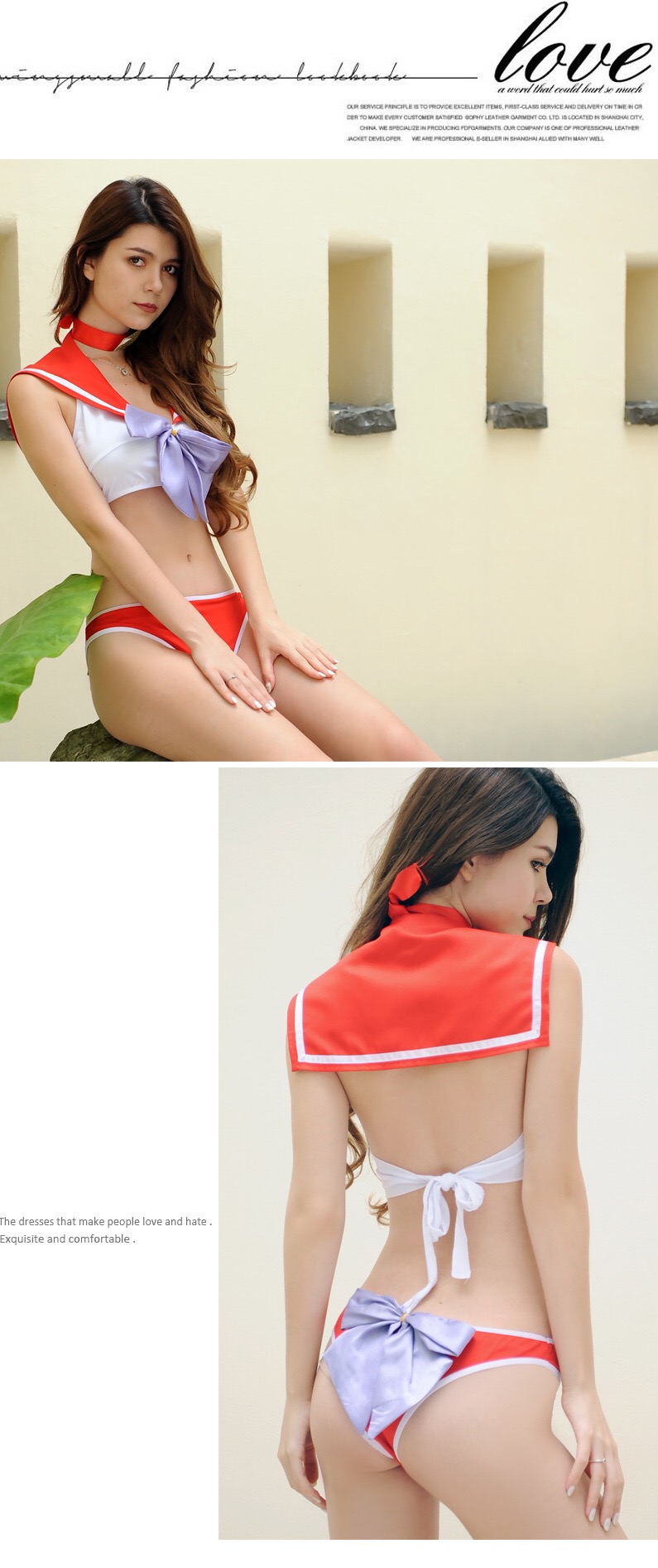 ชุดทูพีซ ชุคอสเพลย์ทูพีซ นักเรียนญี่ปุ่น แต่งคอปกทหารเรือ แดงแถบขาว สวยใส น่ารัก ๆ คะ