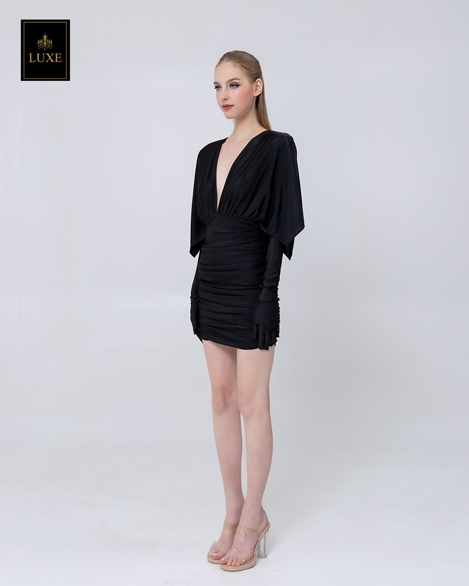 เดรสแฟชั่น เดรสกระโปรงเข้ารูป เสื้อคอวีแขนในตัว มาพร้อมถุงมือยาว