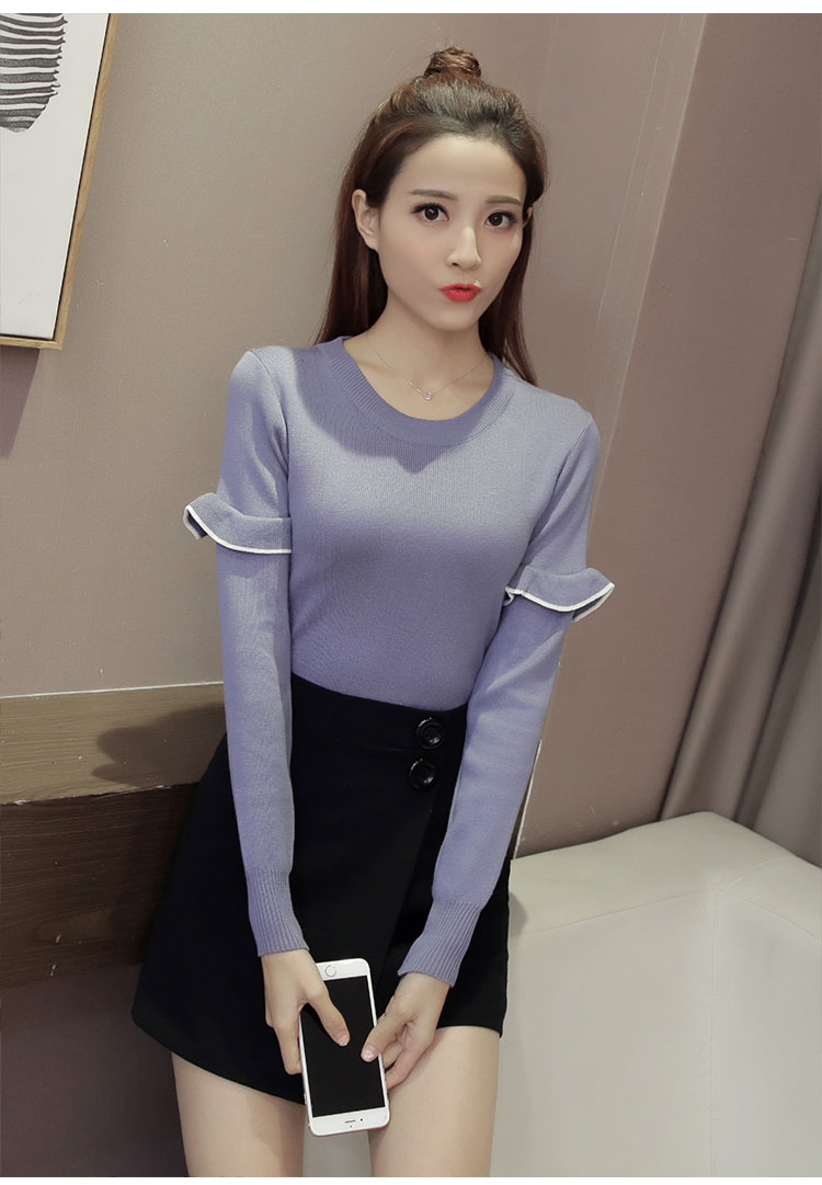 เสื้อแฟชั่นเกาหลี แขนยาวแต่งต้นแขนระบาย สีฟ้าคราม