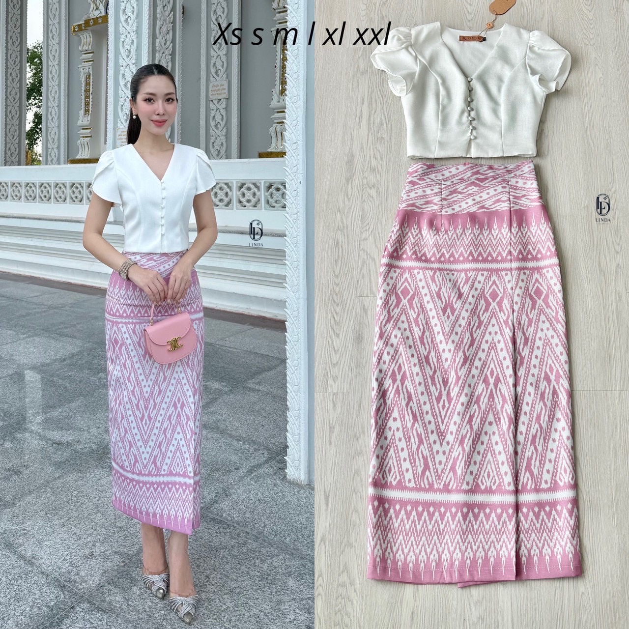 ชุดเซทแฟชั่น ชุดไทยสองชิ้นผ้าถุงเป็นผ้าพิมพ์ลายเกรดพรีเมี่ยม มีด้วยกันสองสีนะคะ สีฟ้าและสีชมพู