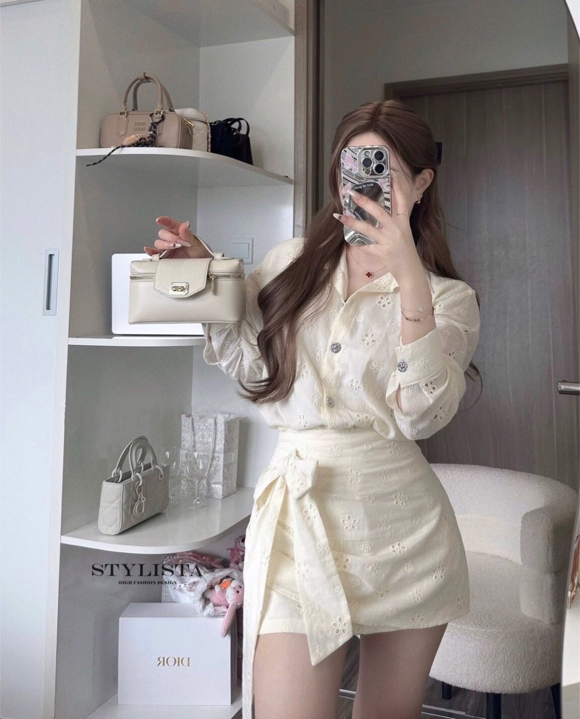 ชุดเซทแฟชั่น ชุดเซ็ต 2 ชิ้นทรงเชิ้ตแขนยาว + กระโปรงทรงไขว้ผูกโบว์สุดคิ้วท์