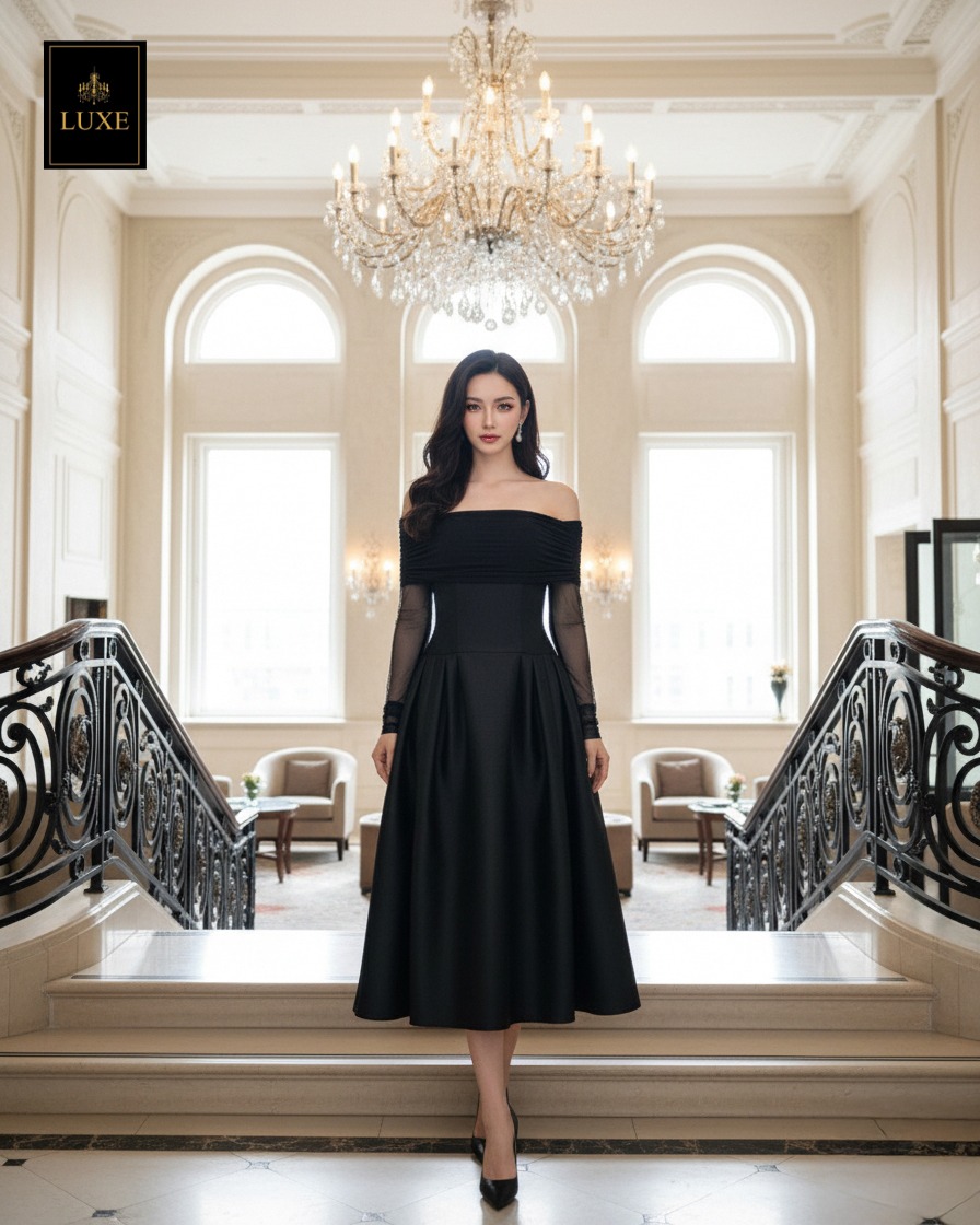 เดรสแฟชั่น เดรสเสื้อแขนยาวเปิดไหล่ กระโปรงยาวคลุมเข่า แขนเสื้อซีทรู