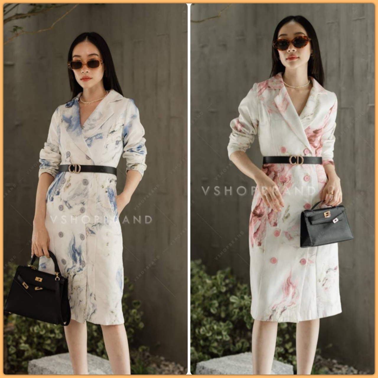 เดรสทรงสูทกระดุมคู่ พิมพ์ลวดลายหินอ่อน แต่งกระเป๋าข้าง มาพร้อมเข็มขัด CD ใส่แล้วเข้ารูป เก็บสรีระสวย ทางแบรนด์เลือกผ้าอย่างดีในการตัดชุด เย็บติดซับใน ใส่แล้วเรียบหรูดูผู้ดีมากค่ะ