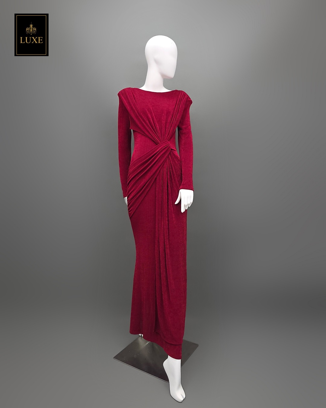 เดรสแฟชั่น แม็กซี่เดรสเสื้อคอกลมแขนยาว เสริมไหล่ กระโปรงยาวคลุมข้อเท้า