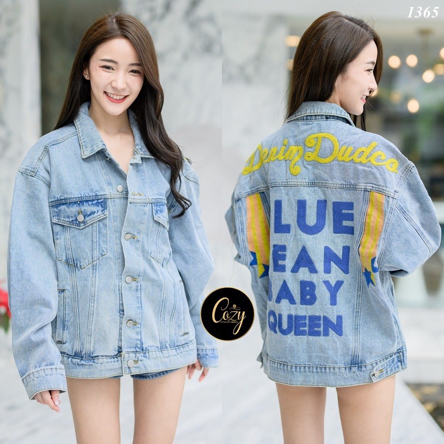 เสื้อแฟชั่น เสื้อยีนส์ฟอกแขนยาวทรง Oversize กระดุมปั๊มปลายแขน อกผ่าหน้าติดกระดุมปั๊ม 6 เม็ด