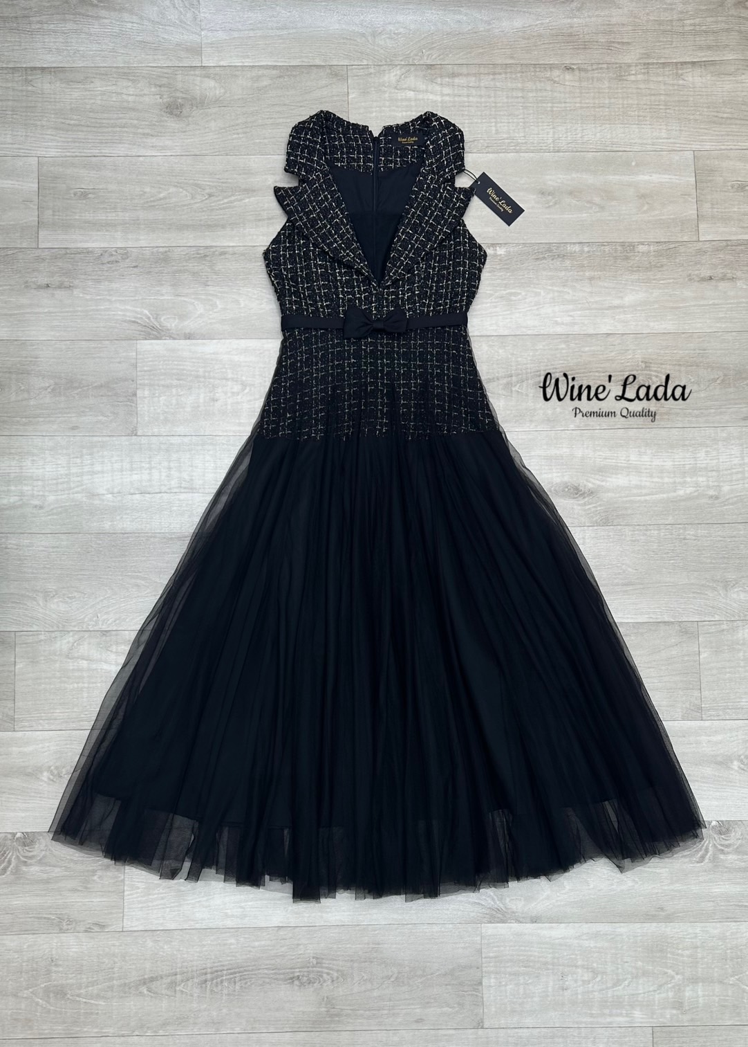 เดรสแฟชั่น เดรสผ้าทวิตสีน้ำตาลทองตัดต่อด้วยชีฟองเพิ่มความหรูหรา