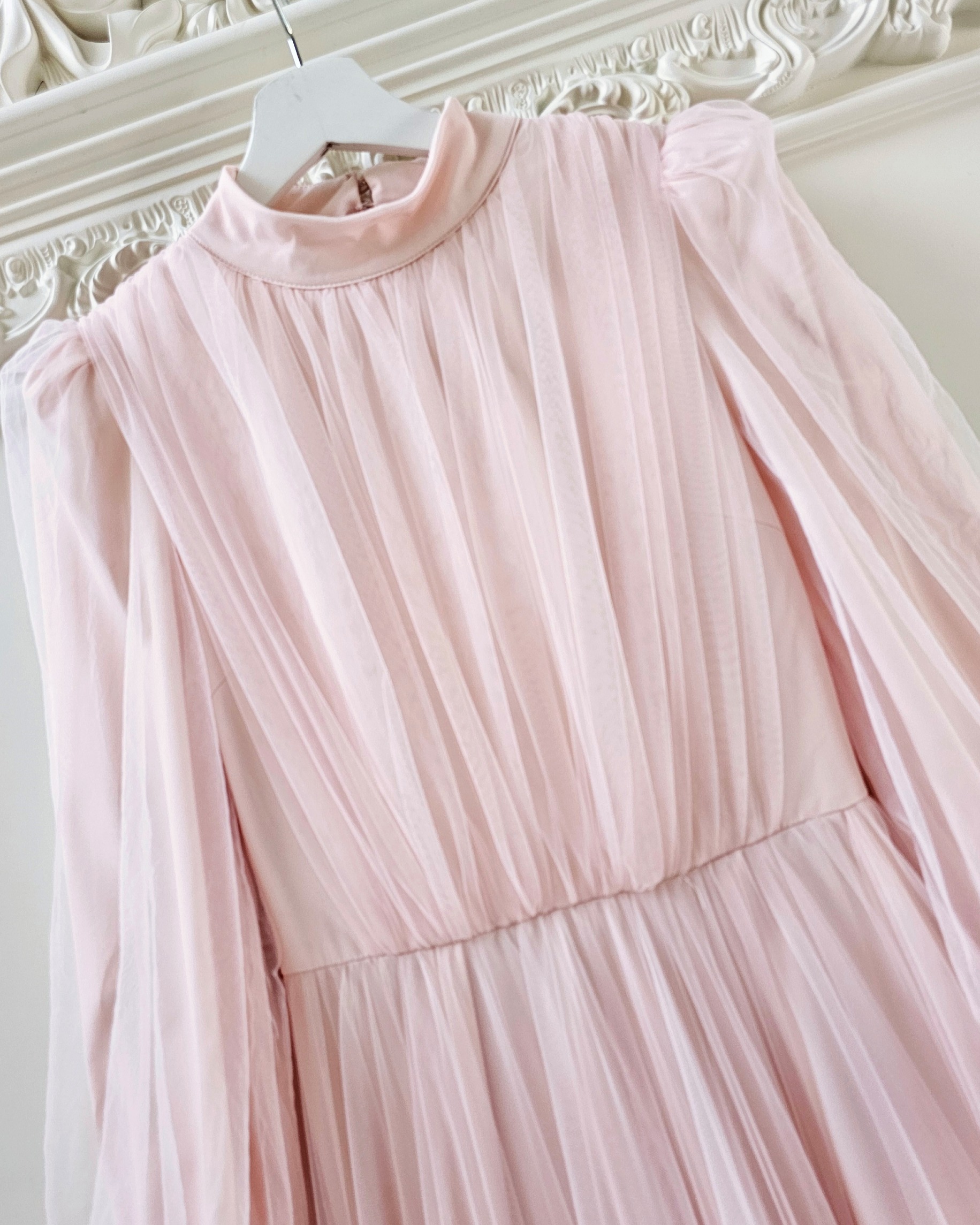 เดรสแฟชั่น แม็กซี่เดรสเสื้อคอปีนแขนยาว กระโปรงบานต่อชายรูดระบายรอบตัว