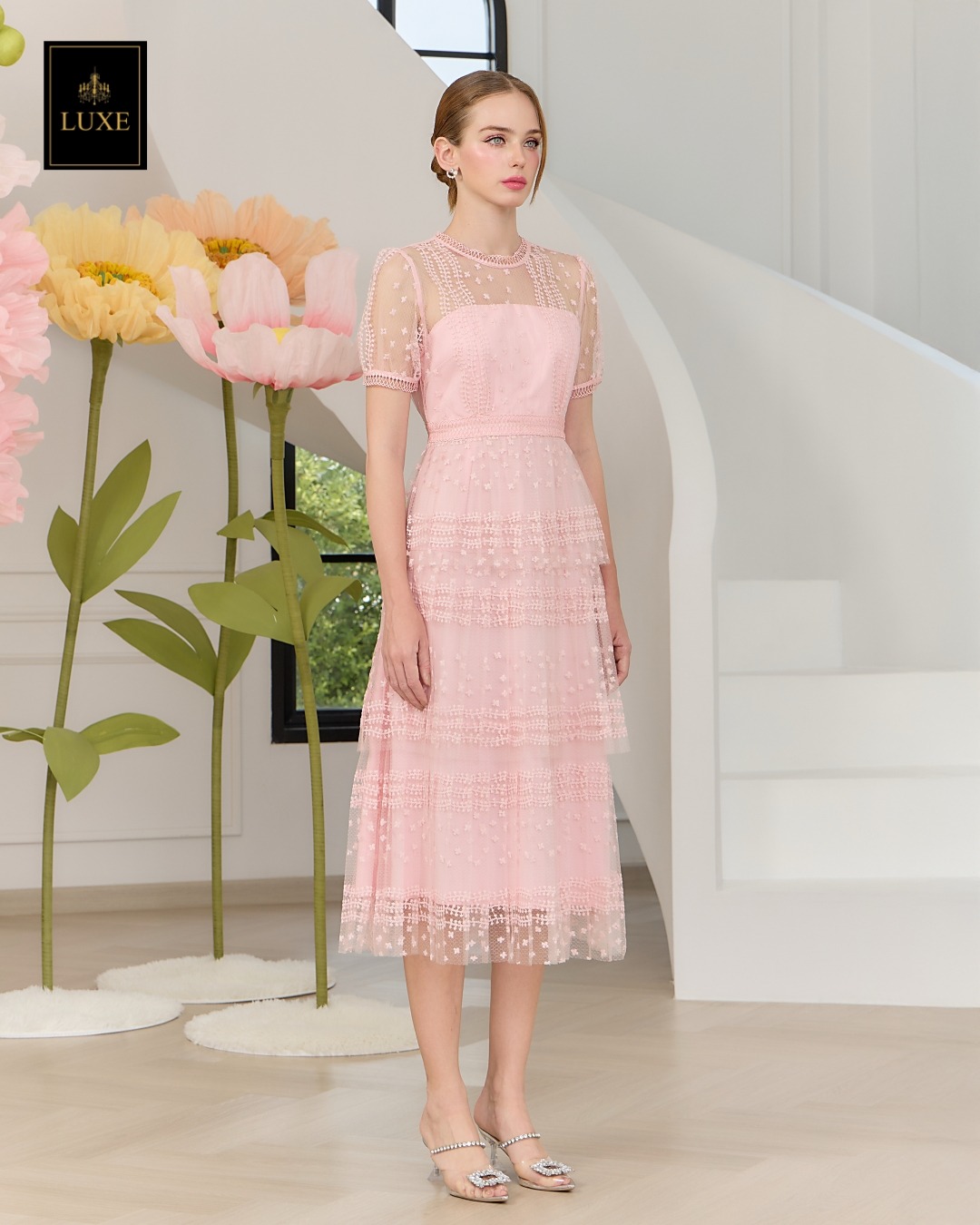 เดรสแฟชั่น เดรสเสื้อคอกลมแขนสั้น กระโปรงอัดพลีท3ชั้น