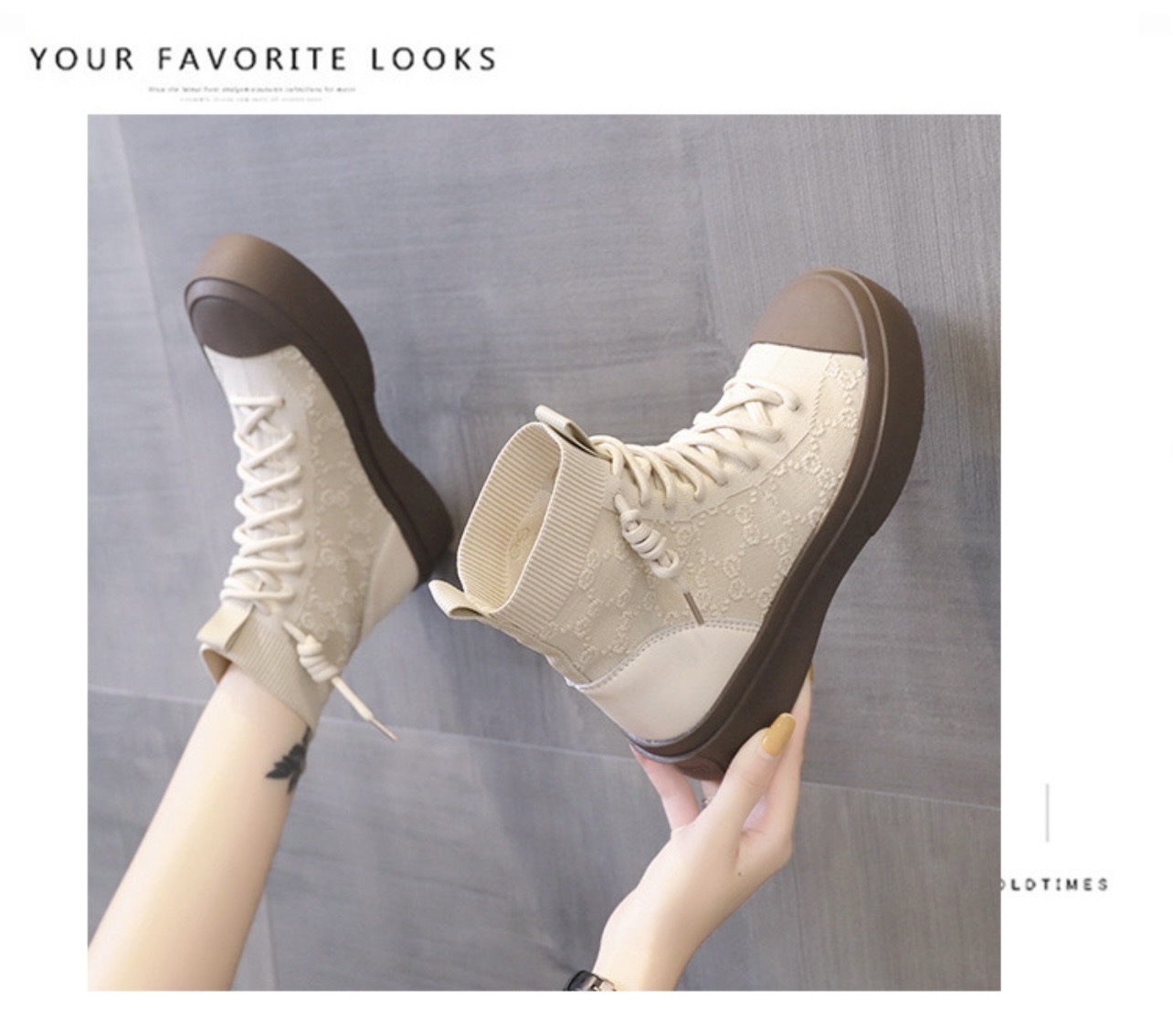 พร้อมส่ง 2022 แบบใหม่ล่าสุด รองเท้าบู๊ทหุ้มข้อ ผ้าทอยืดหยุ่น กระชับตามหน้าเท้า ผ้าดีมากทอลายสีครีม พื้นรองเท้าวัสดุเป็นยางหนา ส้นสูง 1 นิ้ว ใส่สบายมากคะ