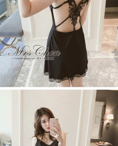 ชุดนอนเซ็กซี่ ชุดนอนสายเดี่ยว สีดำ แต่งสายลูกไม้ปักด้านหลัง สวยเปรี้ยว เนื้อผ้ายืด เกรดพรีเมี่ยม นุ่มลื่น เย็นสบาย +G-string