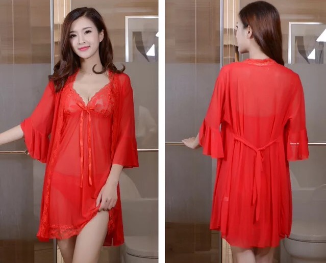 ซ็ทชุดนอน ชุดคลุมนอนเซ็กซี่ เซ็ทชุดนอน สายเดี่ยว ซีทรู สีแดง แต่งระบายขอบ และลูกไม้ เนื้อผ้าทิ้งตัว สวยหรู PREMIUM GRADE สวยหรู เซ็กซี่ เย้ายวนสุดๆคะ +G-string แต่งลูกไม้เข้าชุดคะ