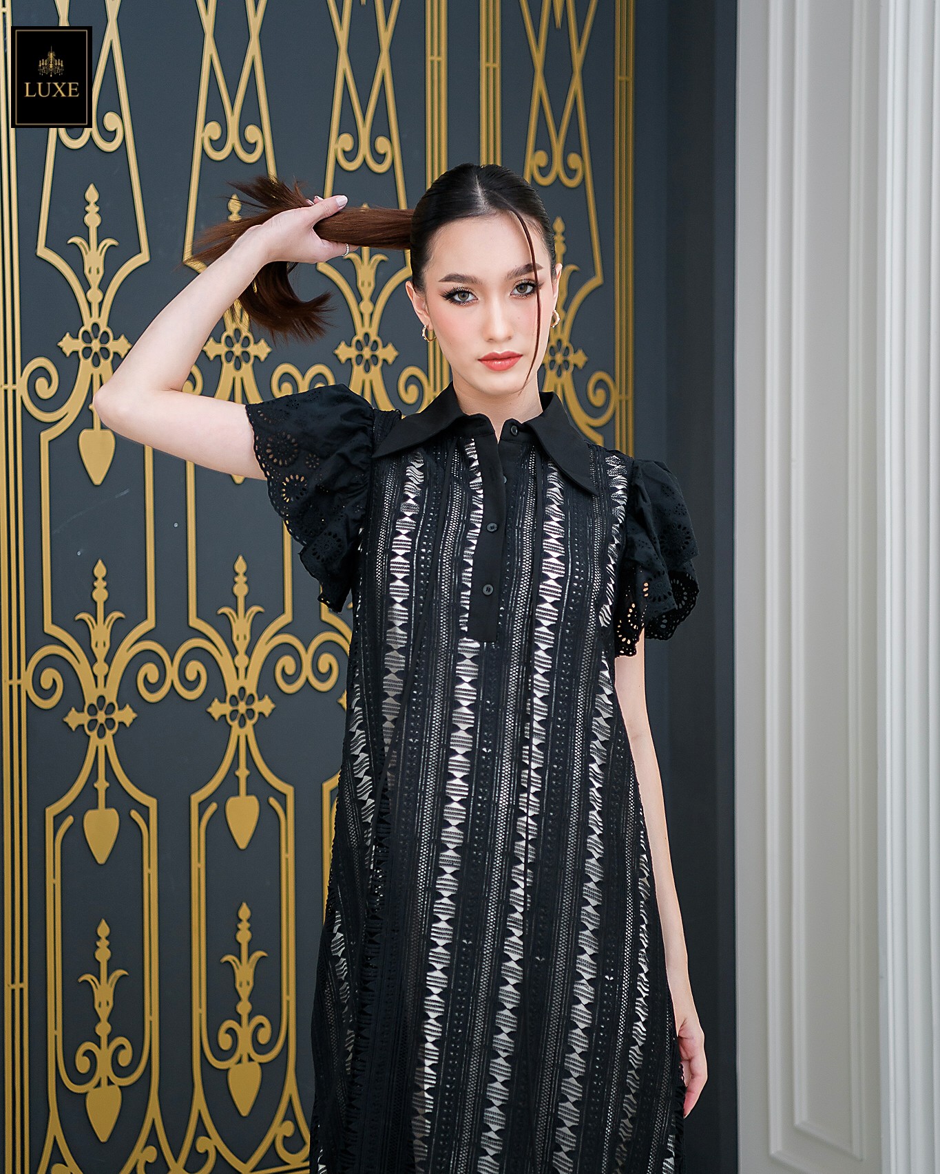 เดรสแฟชั่น เดรสเสื้อคอปกแขนระบาย กระโปรงทรงเอ แพทเทิร์นตัวหลวมใส่สบาย