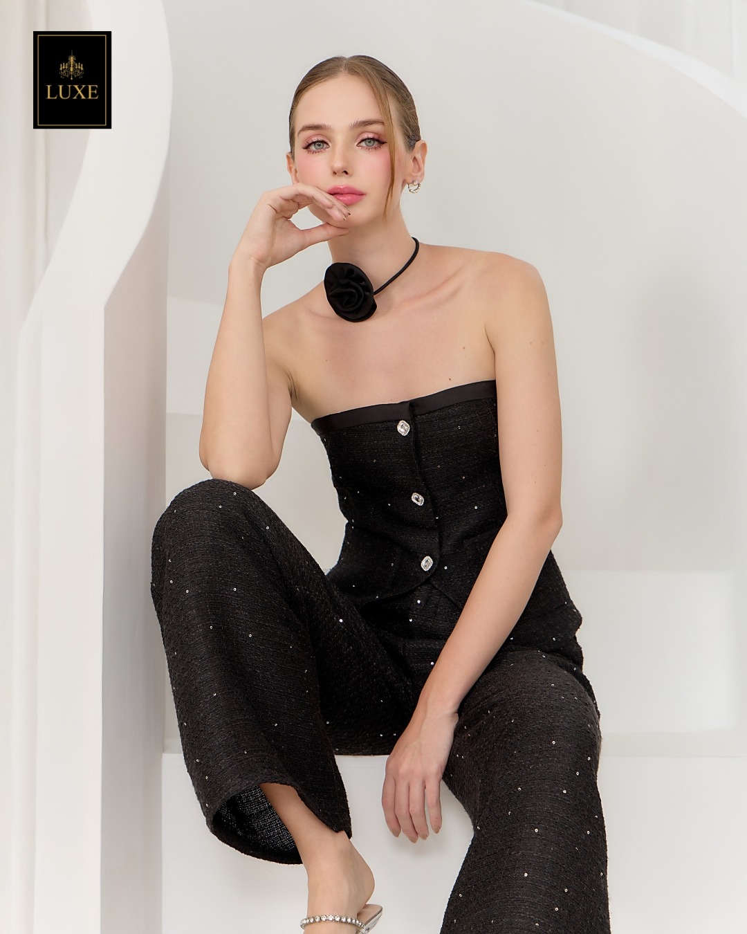 ชุดเซทแฟชั่น เซ็ตเสื้อเกาะอกทรงหลวม+กางเกงเอวสูงขากระบอกกว้าง