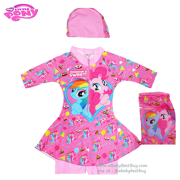 ฮ (สำหรับเด็กอายุ 6เดือน-14 ปี) Swimsuit for Girls ชุดว่ายน้ำ เด็กผู้หญิง My Little Pony ชุดว่ายน้ำม้าโพนี่ บอดี้สูท เสื้อแขนยาวกระโปรงกางเกง สีชมพู มาพร้อมหมวกว่ายน้ำและถุงผ้า สุดน่ารัก ใส่สบาย ลิขสิทธิ์ฮาสโบแท้ โพนี่แท้