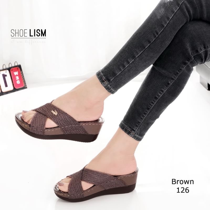 พร้อมส่ง รองเท้าส้นเตารีดหน้าไขว้ สไตล์ลำลองแบบสวมหนังกลิตเตอร์ นิ่มแบบสวมไขว้