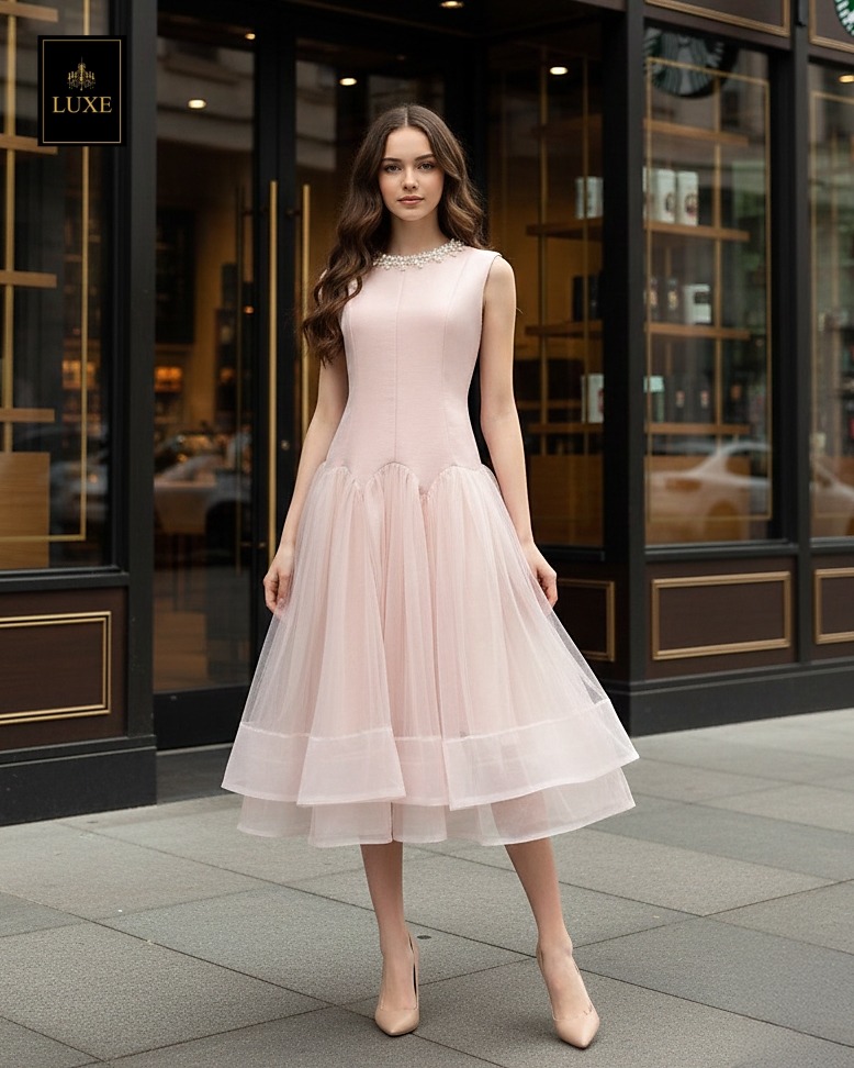 เดรสแฟชั่น เดรสเสื้อคอกลมแขนกุด กระโปรงบาน แต่งลูกปัดมุกรอบคอเสื้อ