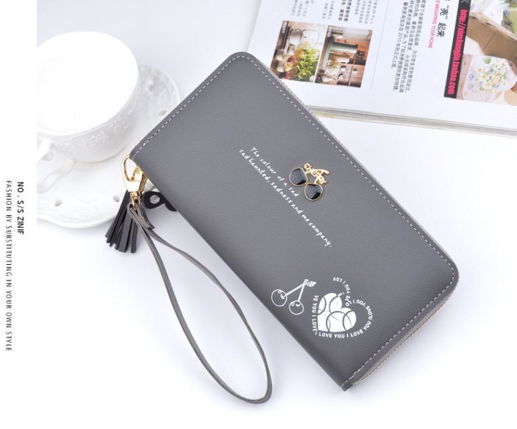 Purse Bags Wallet For Women Ladies Bag Long Pocket Leather กระเป๋าสตางค์ใบยาวแบบซิปรอบ CHERRY มีสายคล้องมือ