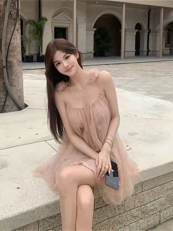 เดรสแฟชั่น เดรสสายเดี่ยวลูกไม้ชีฟองโทนชมพูอ่อนสไตล์เจ้าหญิงน้อย