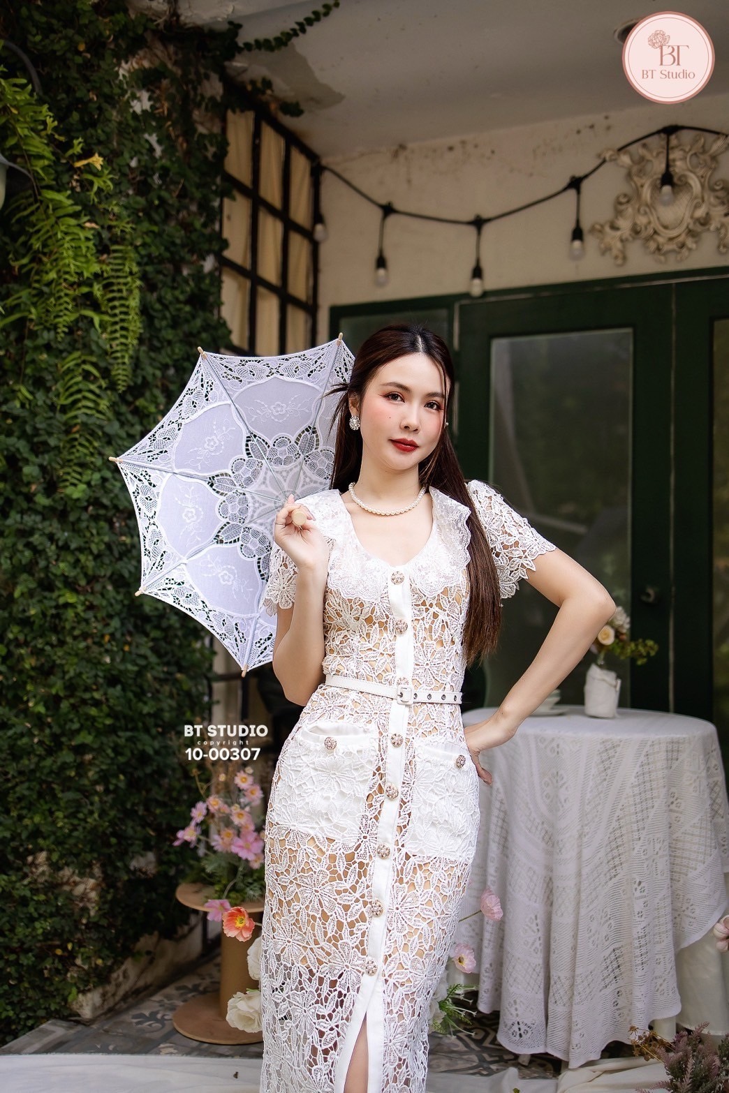 เดรสแฟชั่น เดรสลูกไม้คอแต่งปกระบายแต่งขอบปลายหยัก