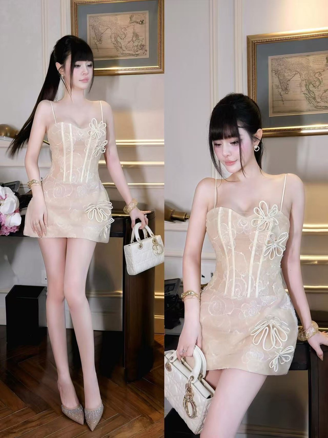 เดรสแฟชั่น มินิเดรสสายเดี่ยวสีขาว ดีเทลแต่งผ้ามุ้งลายดอกไม้ทั้งชุด