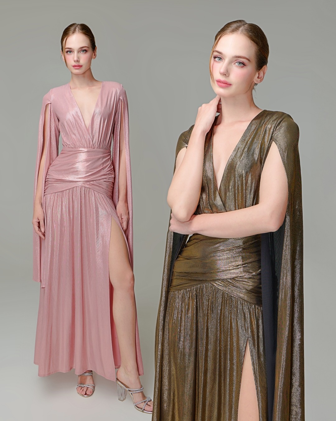 เดรสแฟชั่น แม็กซี่เดรสเสื้อคอวีป้าย แขนยาวเป็นผ้าคลุมในตัว กระโปรงเข้ารูปตรงสะโพก ผ่าหน้าขา ชายกระโปรงบาน