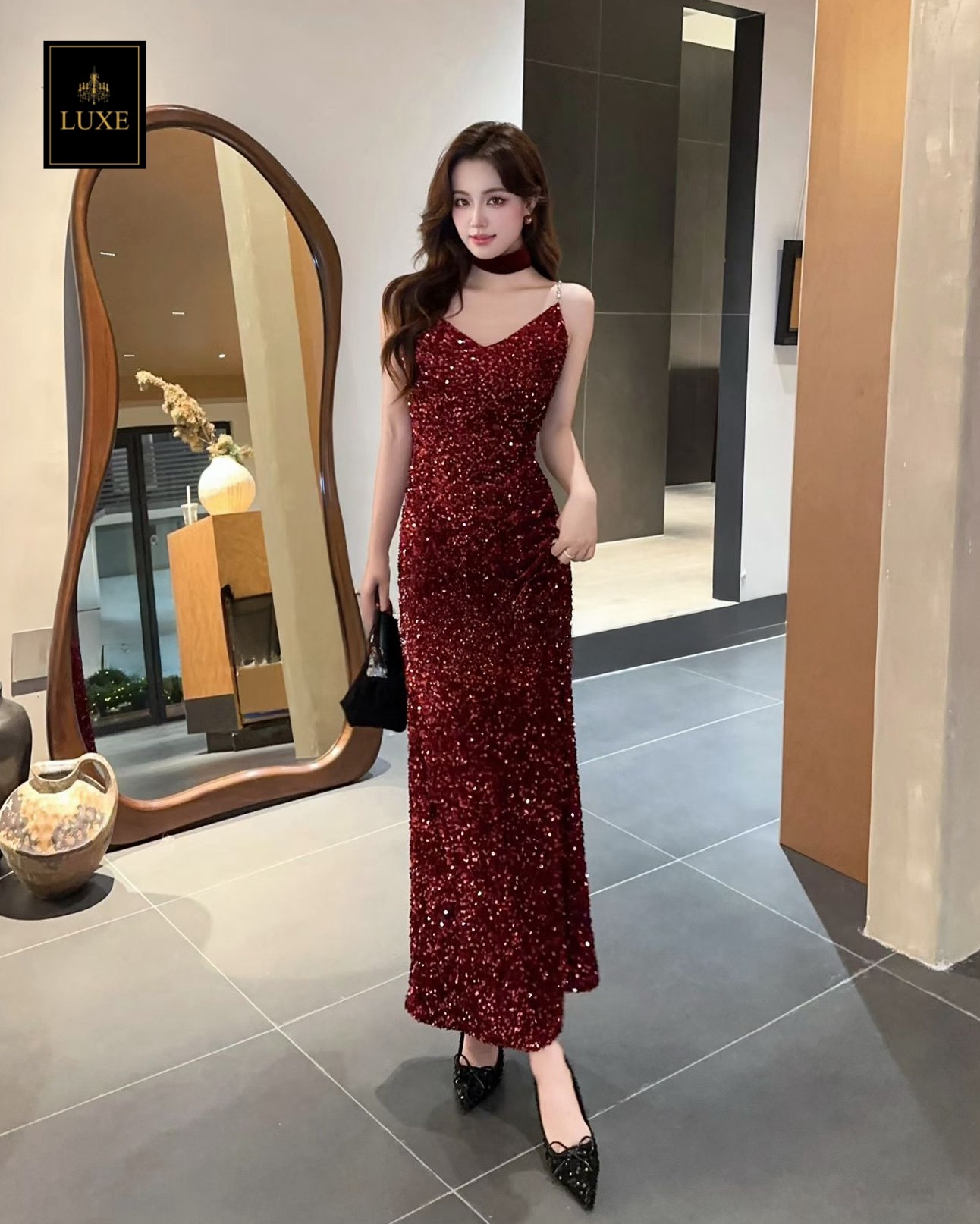 เดรสแฟชั่น เดรสเสื้อสายเดี่ยว กระโปรงยาวทางเอ