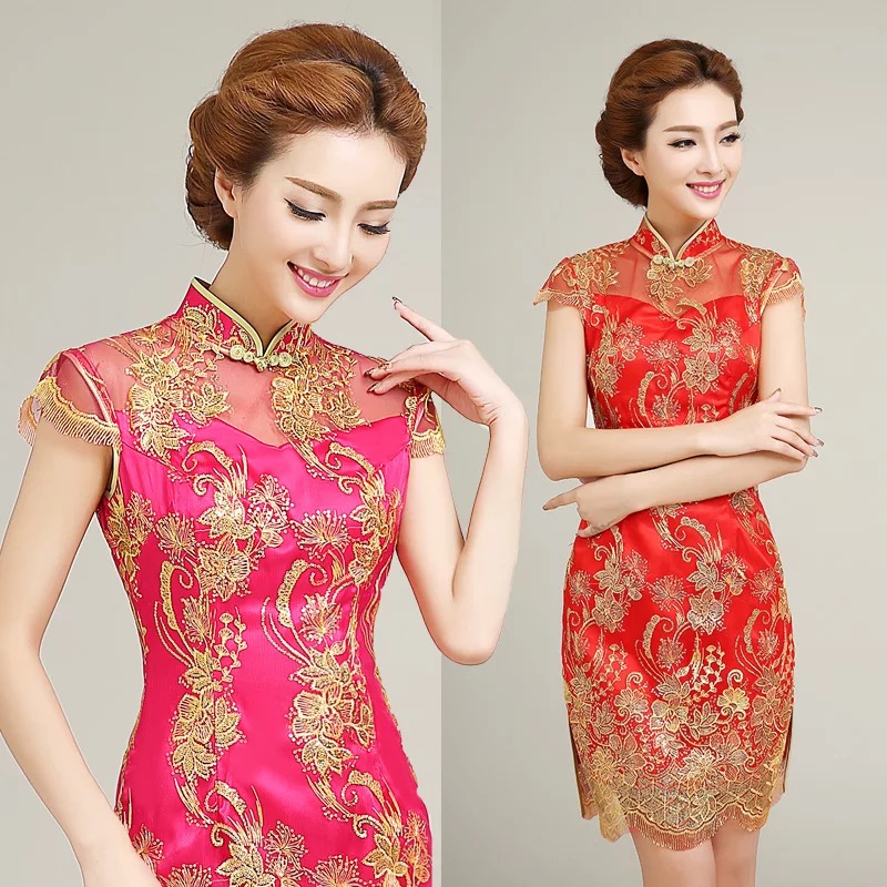 ชุดกี่เพ้า ประยุกต์ ชุดเดรส กี่เพ้าจีนประยุกต์สีชมพูสด แต่งเลื่อมปักดิ้นทอง แพทเทินสวย งานเนี๊ยบหรู มากคะ Size S/M