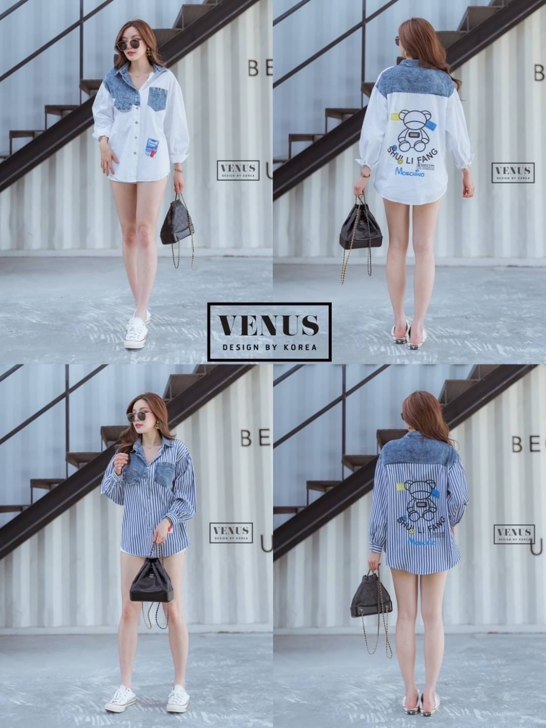 Restock ♥️♥️♥️ I'm Lady By Venus Moshino Jeans Shirt เสื้อเชิ๊ตแต่งผ้ายีนเนื้อดี ด้านหลังสกีนลายน้องหมี ตามแบบฉบับแบรนด์ดัง แม๊ทกับรองเท้าผ้าใบก็เก๋นะคะ