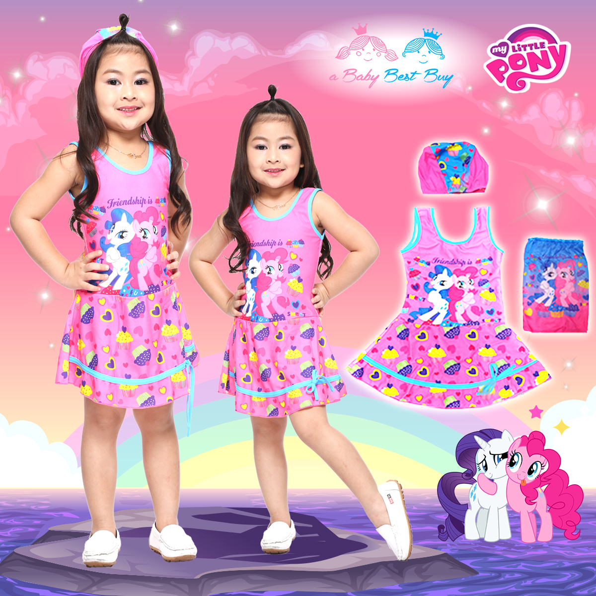 ( For Kids อายุ 6เดือน-14 ปี ) Swimsuit for Girls ชุดว่ายน้ำเด็ก เด็กผู้หญิง My Little Pony ชุดว่ายน้ำม้าโพนี่ สีชมพู ชุดว่ายน้ำบอดี้สูท เสื้อแขนกุด กระโปรง มาพร้อมหมวกว่ายน้ำ สุดน่ารัก ลิขสิทธิ์ฮาสโบแท้ ชุดว่ายน้ำเด็กผู้หญิง ม้าโพนี่ ของแท้