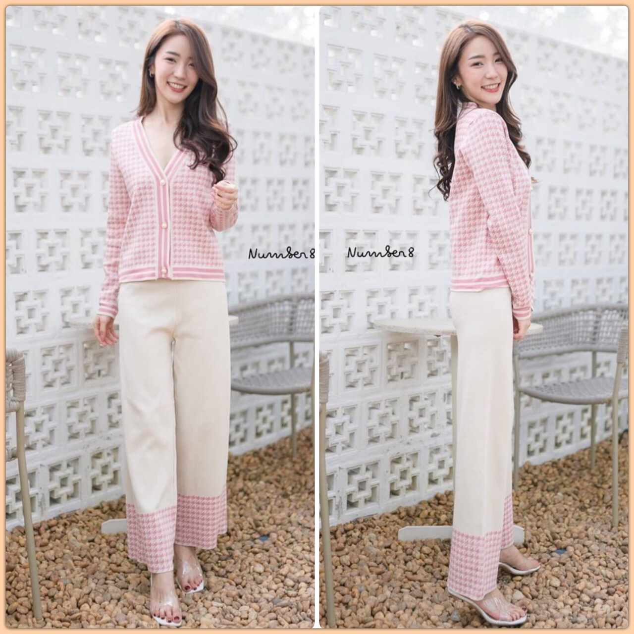 Korea Scott Knitting Set Detail : น่ารักมากค่ะ ชุดเชทเสื้อคาดิแกน ทอลายชิโนริ แต่งกระดุมมุก ขอบอกว่าเสื้อทรงดีย์มากเว่อร์ จับคู่มากับกางเกงขายาวทรงกระบอก เนื้อผ้าknitt ที่เอวสม็อค ปลายขาทอลายชิโนริ สีสวยแมทชิ่งลงตัวสุดๆ ใส่ได้บ่อยๆเลยค่ะ เพราะใส่สบายม๊ากก