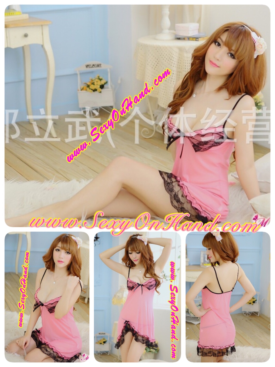 ชุดนอนซีทรู สายเดี่ยว สีชมพูเหลือบโอรส ชายเล่นระดับเล่นขอบลูกไม้ดำ ช่วงอกแต่งระบายสีดำ เข้ากับชายกระโปรง เนื้อผ้าโปร่ง บางเบา + พร้อมจีสตริง เข้าชุด