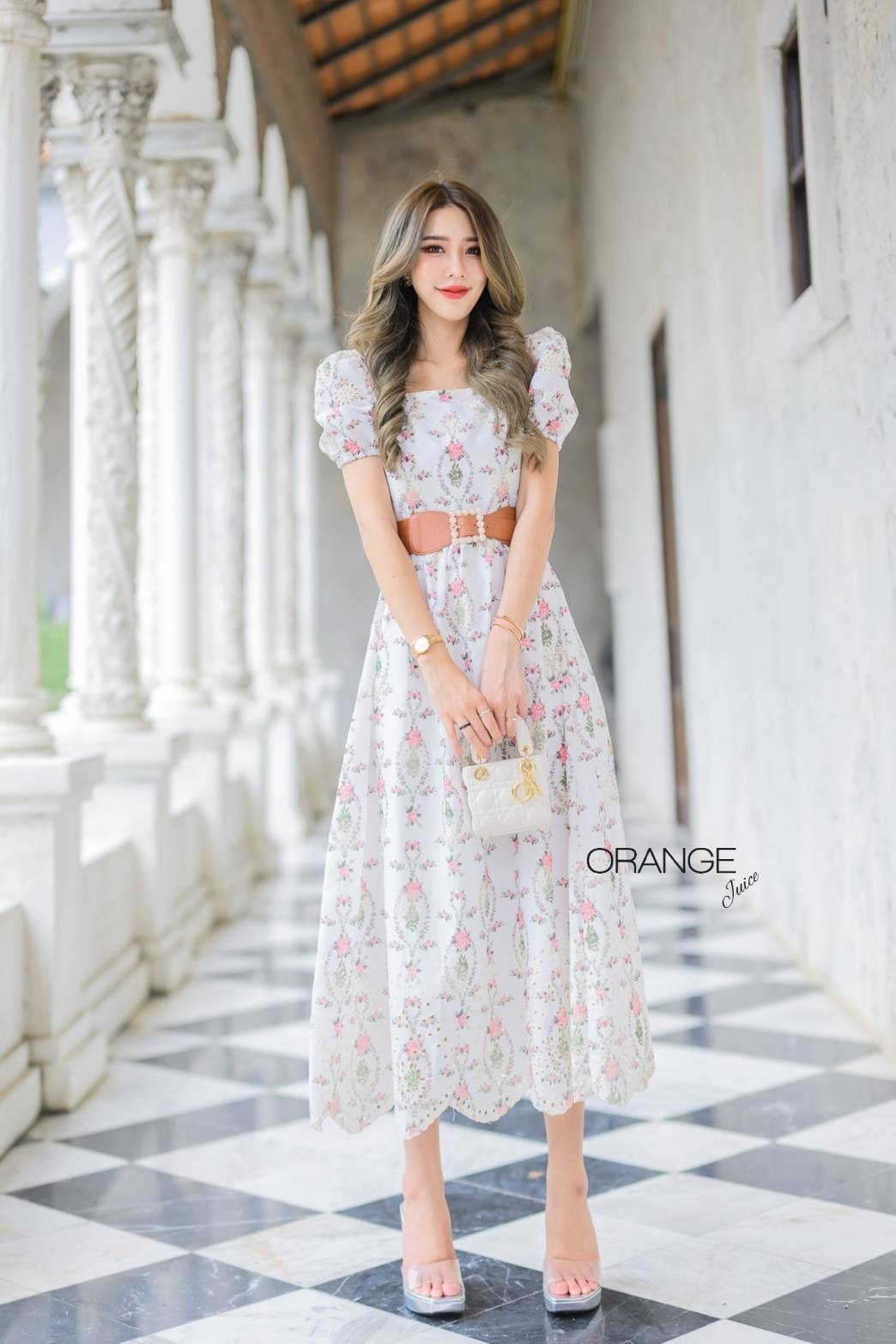 NEW ARRIVALS By Orange Juice Maxi เดรสยาวผ้าฉลุ พิมลาย พร้อมเข็มขัด