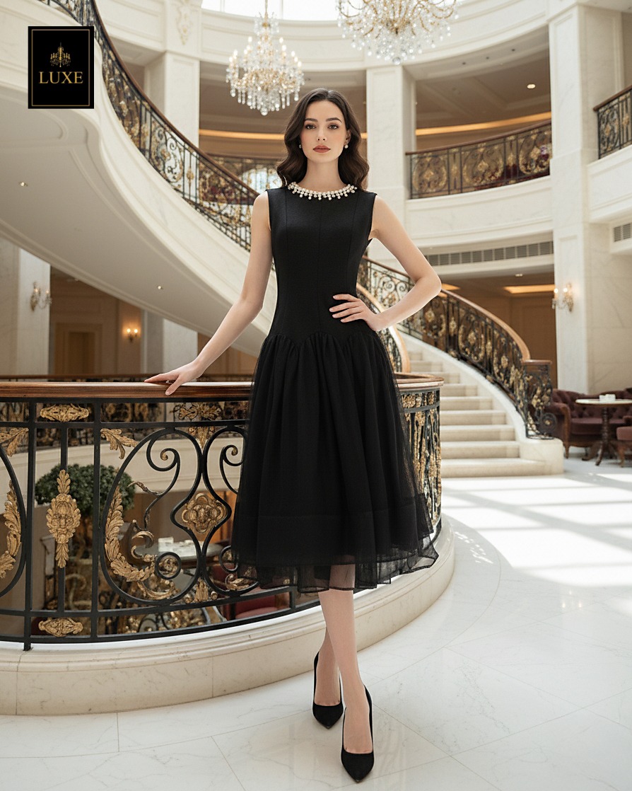 เดรสแฟชั่น เดรสเสื้อคอกลมแขนกุด กระโปรงบาน แต่งลูกปัดมุกรอบคอเสื้อ