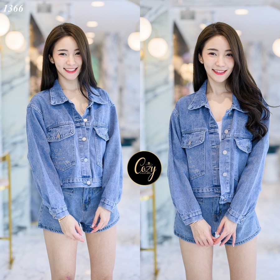 เสื้อแฟชั่น เสื้อครอปยีนส์ฟอกแขนยาวติดกระดุมเงินปลายแขน อกผ่าหน้าติดกระดุม 5 เม็ด