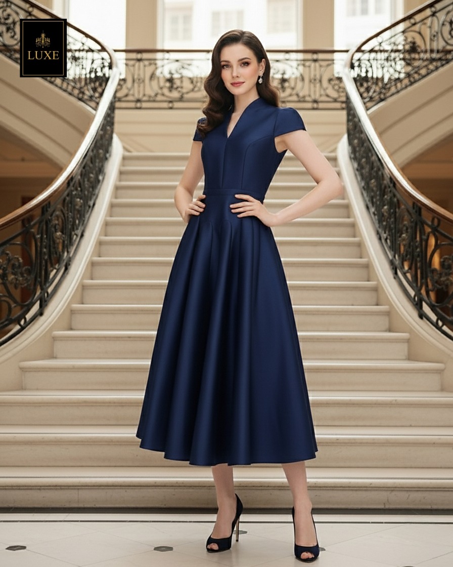 เดรสแฟชั่น เดรสเสื้อคอตั้ง แขนสั้น กระโปรงบาน