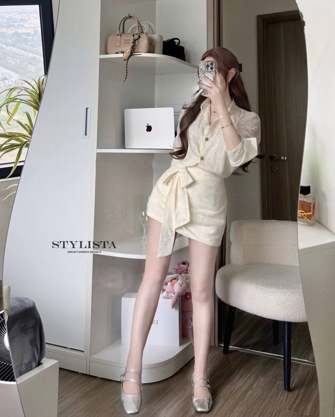 ชุดเซทแฟชั่น ชุดเซ็ต 2 ชิ้นทรงเชิ้ตแขนยาว + กระโปรงทรงไขว้ผูกโบว์สุดคิ้วท์