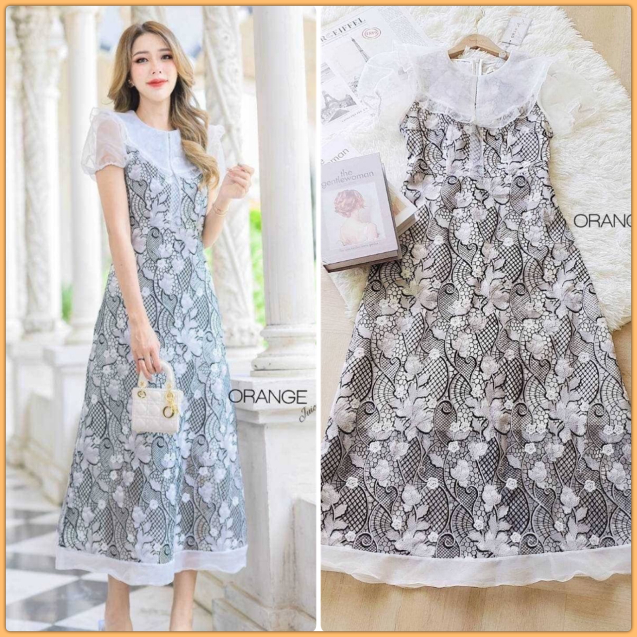 NEW ARRIVALS By Orange Juice Maxi เดรสยาวลูกไม้ทูโทน คอแต่งระบาย